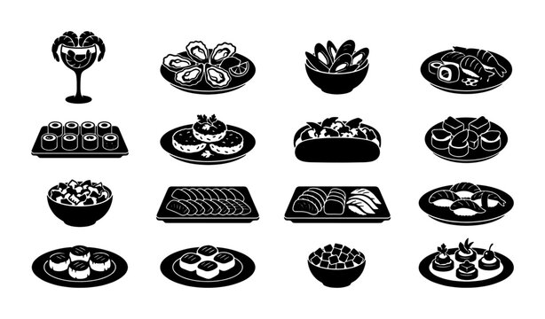 Seafood and sushi icons set, black silhouette gourmet fish appetizers and shellfish dishes, 16 vector food elements for restaurant menu design