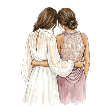 Bride with her Mother on the wedding day. View from the back, watercolor illustration