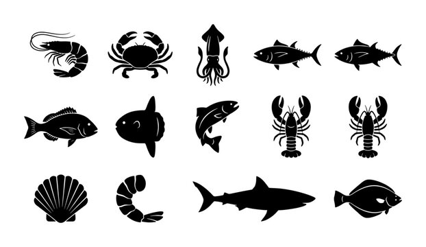 Seafood icon set with 15 black silhouettes, marine animal vector collection, fish and shellfish symbols for restaurant menus and food packaging