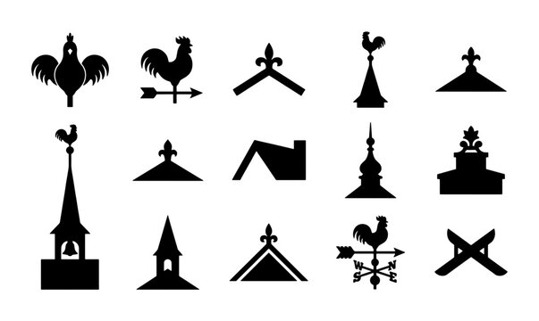 Vintage roof finials and weather vanes vector set, black silhouette architectural ornaments, 15 decorative rooftop elements for house design