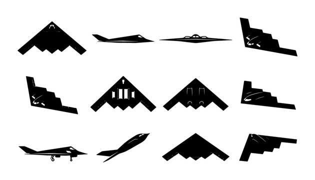 Stealth bomber aircraft silhouettes, set of 12 military jet icons, black flying wing airplane vector graphics for defense and aviation design