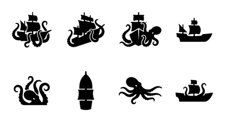 Vintage nautical silhouettes of pirate ships and giant kraken octopuses, set of 8 black vector icons, maritime sailing vessel and sea monster graphics © Nurjahan