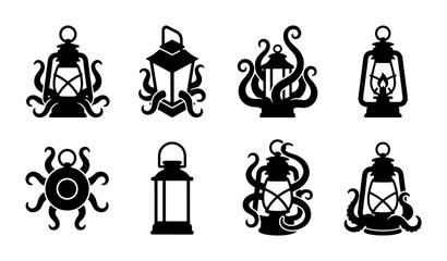 Nautical kraken lantern vector icons, vintage octopus tentacle and oil lamp silhouettes, 8 black sea monster lantern elements for logos © Mariya