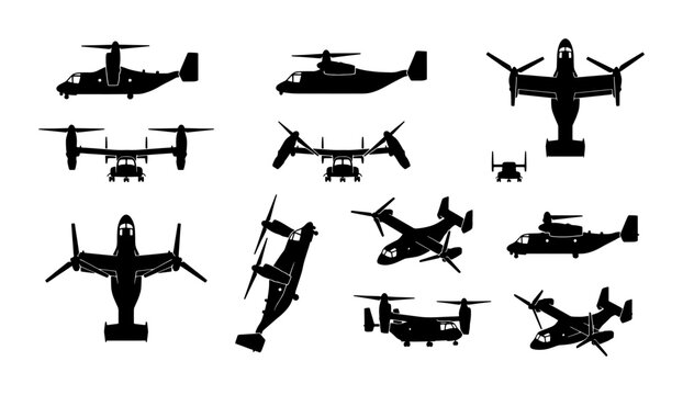 Military tiltrotor aircraft silhouettes set, black vector icons of v-22 osprey style planes, 12 aviation transport elements for tactical design