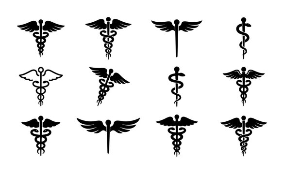 Caduceus medical symbol vector set, black snake and staff icons for healthcare branding, 12 professional medicine and pharmacy emblems on white