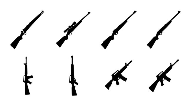 Military rifle silhouettes collection, 8 firearm vector icons, black assault rifle and sniper gun set, hunting and tactical weapon graphics