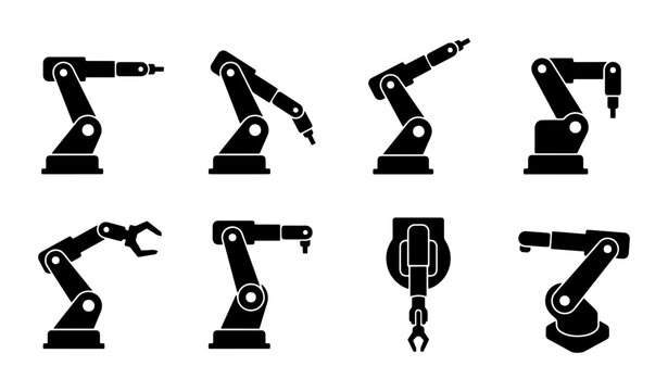 Industrial robotic arm icons set, black mechanical manipulator vector silhouettes, factory automation and manufacturing technology equipment collection