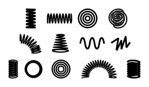 Industrial metal spring icons set, black spiral coil vector illustrations, mechanical compression and tension spring elements for engineering