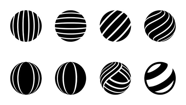 Abstract geometric sphere icons set, black and white striped globe logos, 8 minimalist circular vector elements for corporate branding and tech identity
