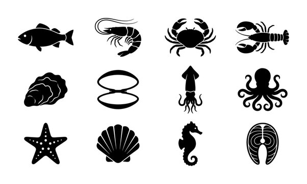 Seafood icons set of 12 black silhouettes, marine animal vector illustrations, fresh fish and shellfish symbols for restaurant menu design
