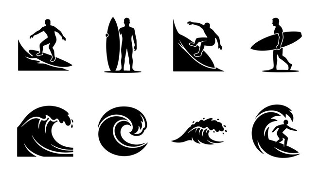 Surfing silhouette icons set, black surfer man and ocean wave vector collection, 8 minimalist surfing elements for beach sports and summer branding