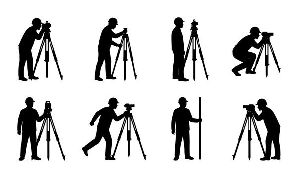 Land surveyor silhouette set with 8 vector elements, professional engineers using theodolite and total station equipment, construction site workers