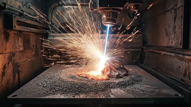 Laser sintering metal particles before printing, glowing sparks and fused powder in extreme detail, dramatic industrial light, advanced manufacturing atmosphere, ultra-realistic, no logos.