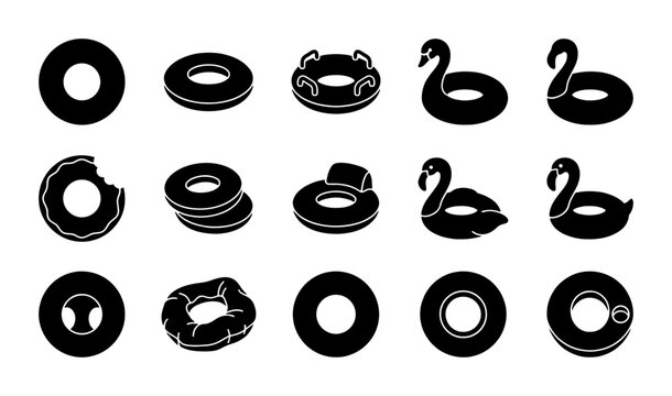 Inflatable pool float icons set, black silhouette swimming rings and water tubes, 15 summer beach vacation vector elements for leisure design