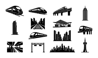 Modern train and city infrastructure icons, black silhouette high-speed rail and subway vector set, urban transportation and skyscraper graphics © Mariya