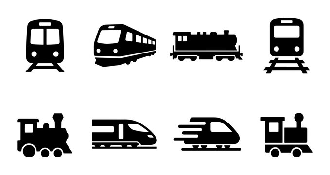 Minimalist train icon set, black silhouette railway transportation symbols, 8 vector elements of locomotive and subway for logistics and travel design
