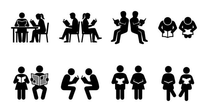 Reading people icon set, black stick figure silhouettes studying books, student and library reader vector collection, educational literacy symbols