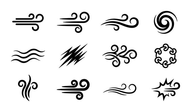 Wind blow line icons set, 12 weather breeze and air flow vector elements, black swirl and gust motion symbols on white background