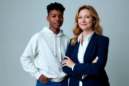 Portrait of African American teenager and Caucasian businesswoman standing confidently, representing mentorship and career guidance. Useful for leadership, inclusion, recruitment campaigns
