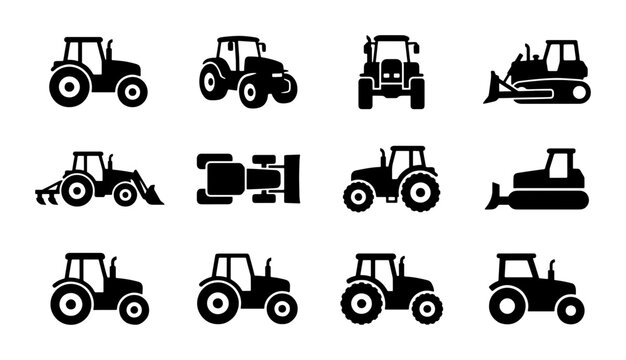 Agricultural tractor icons set, black silhouette farm machinery vectors, heavy equipment and bulldozer symbols for industrial design, 12 flat icons