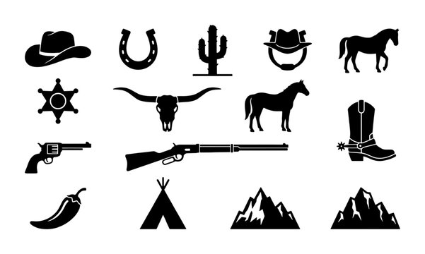 Wild West Cowboy Icons Set, 15 Black Silhouette Western Elements, Vintage American Frontier Vector Graphics for Ranch and Rodeo Branding