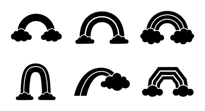 Minimalist rainbow icon set, black silhouette rainbow with clouds vector collection, simple weather symbols for web design and mobile apps