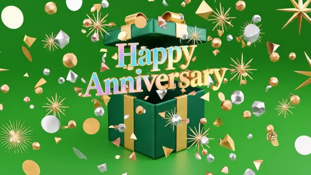 Happy Anniversary Gift Box Explosion with Confetti and Stars.