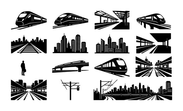 Modern railway transportation icons, high speed train silhouettes and city station vector set, urban subway and locomotive graphics