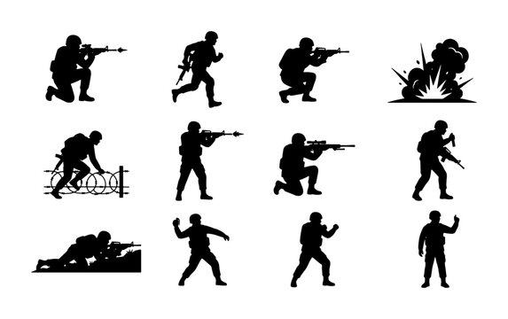 Military soldier silhouettes set, 11 army infantry figures with weapons and explosion, tactical combat troops vector icons for war games and history