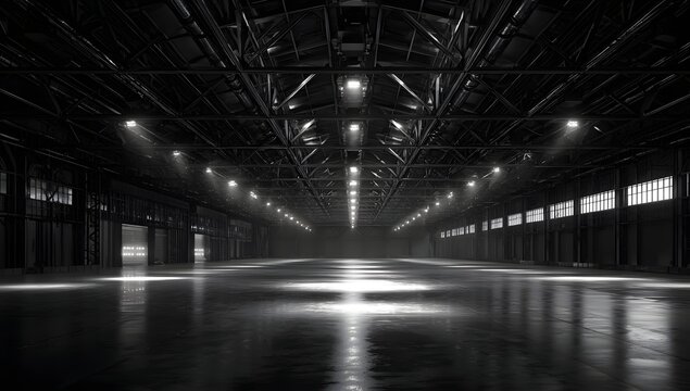 Industrial warehouse interior with dark metal structure and bright spotlights reflecting on polished concrete floor creating dramatic atmosphere for logistics distribution center and storage