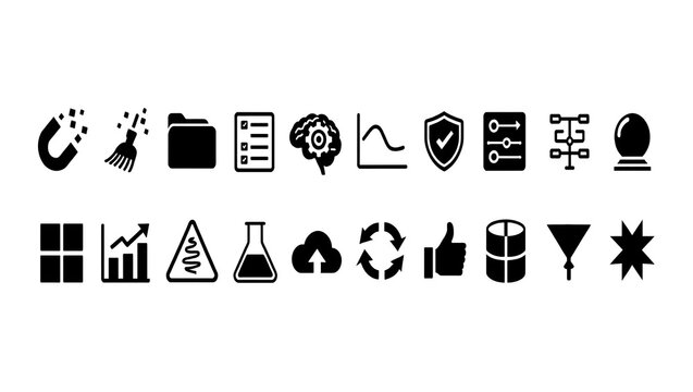 Data analysis and science icons: brain charts magnets recycling with analysis brainstorm recycling document business strategy learning research technology management security protection