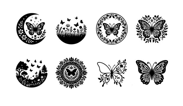 Mystical butterfly vector icons set, celestial moon and floral moth silhouettes, 8 black botanical insect illustrations for branding and tattoos