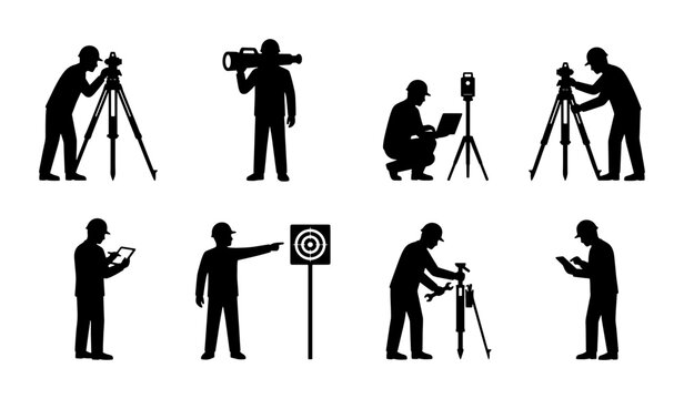 Land Surveyor Silhouettes Set, Professional Civil Engineers with Theodolite and Total Station Equipment, Construction Site Workers Vector Icons