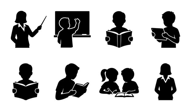 Education silhouette icons set, school teacher and students learning, classroom activities vector collection, children reading and writing