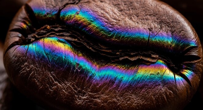 Close-up Macro View of a Single Roasted Coffee Bean with Rainbow Oil Sheen.