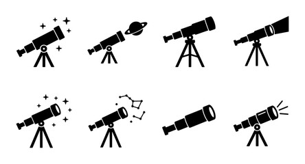 Astronomy telescope icon set, black silhouette telescope symbols on tripod, 8 vector icons for space exploration and stargazing education © Selim