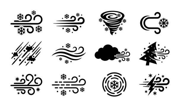 Winter wind and blizzard icon set, 12 weather vector elements for snow storm and cold climate, black minimalist wind blowing symbols