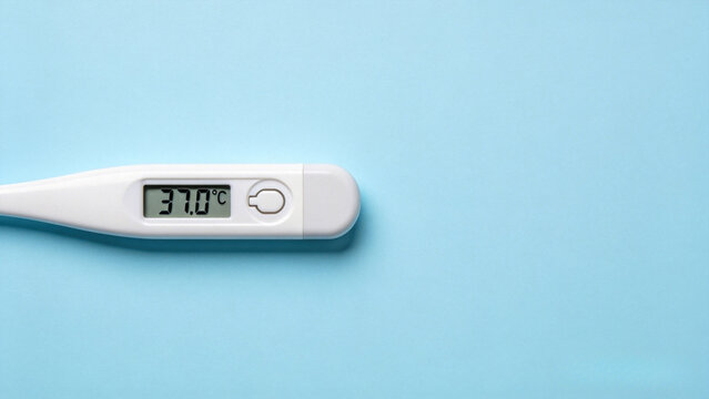 Digital thermometer on pastel blue background
