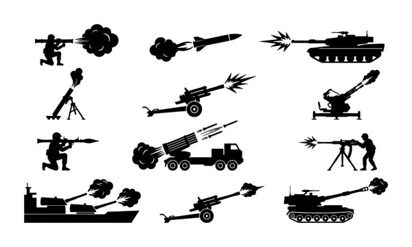 Military artillery and heavy weapon silhouettes, 12 war vehicle and soldier icons, black army combat equipment set for tactical infographics