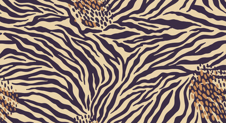 Abstract seamless pattern with animal print elements, including zebra stripes and leopard spots, creating a wild and fashionable design. © Berkah