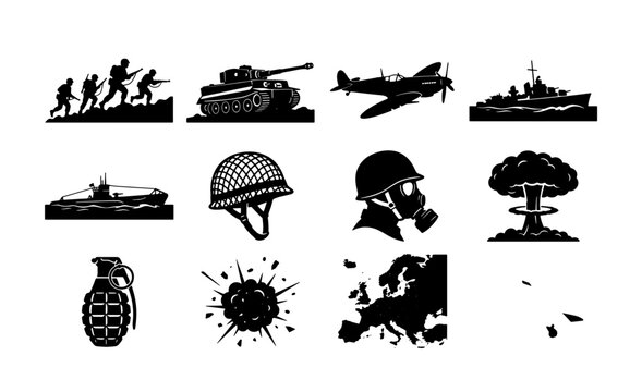 World War II military icons set, black silhouette army symbols including tank and fighter plane, 12 historical warfare vector elements for education