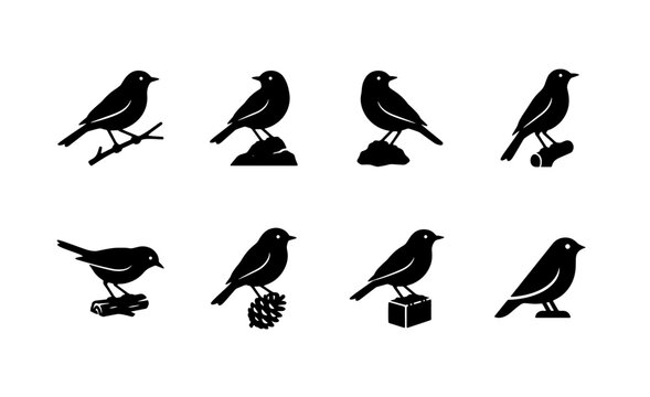 Minimalist bird silhouettes collection, set of 8 black songbird icons, flat vector avian graphics for nature branding and wildlife logos