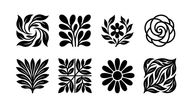 Minimalist floral icons set, black botanical leaf silhouettes, elegant nature logo elements, collection of 8 organic vector symbols for branding