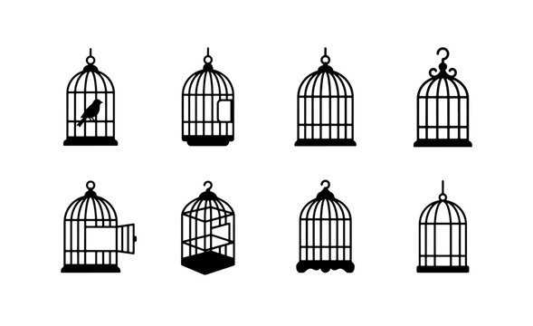 Vintage birdcage silhouette icons, set of 8 decorative bird cage vector illustrations, antique wire pet enclosure symbols for interior design