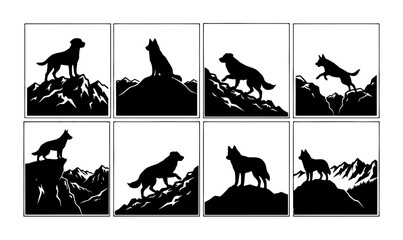 Black dog silhouette set on mountain peaks, 8 vector illustrations of dogs hiking in nature, wilderness adventure pet icons for outdoor branding © Khairul