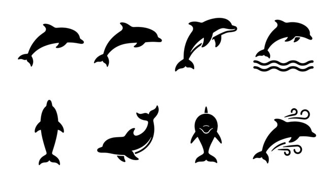 Dolphin silhouette icons set, jumping aquatic mammal vector graphics, black sea animal shapes, 8 marine wildlife elements for logos and ocean designs