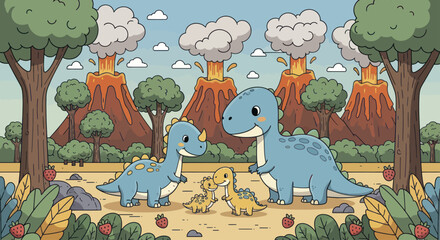 Adorable Blue Dinosaur Family with Babies in Prehistoric Landscape. © Berkah