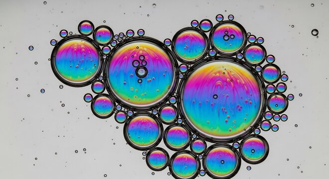 Macro View of Rainbow Oil Bubbles on Water Surface.