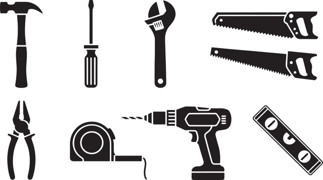 Black and white silhouette of various hand and power tools hammer screwdriver