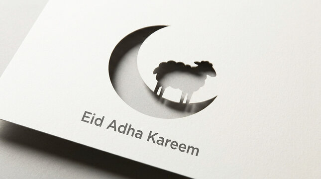 Creative eid adha composition with crescent cutout casting shadow that reveals sheep below